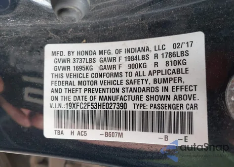 2017 Honda Civic Lx from USA, damaged, VIN 19XFC2F53HE027390